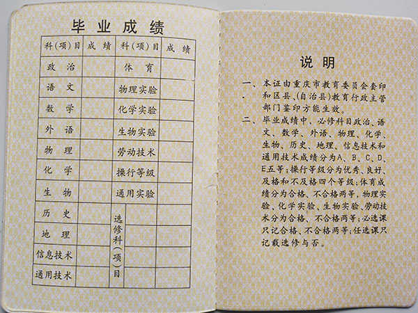 彭水县2003年高中毕业证成绩单