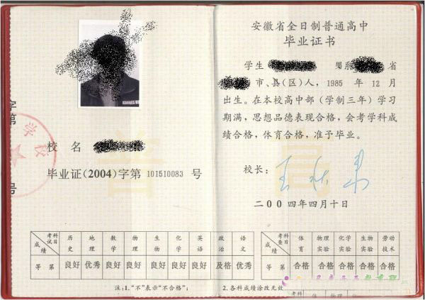 安徽淮南高中毕业证样本（高清图片）